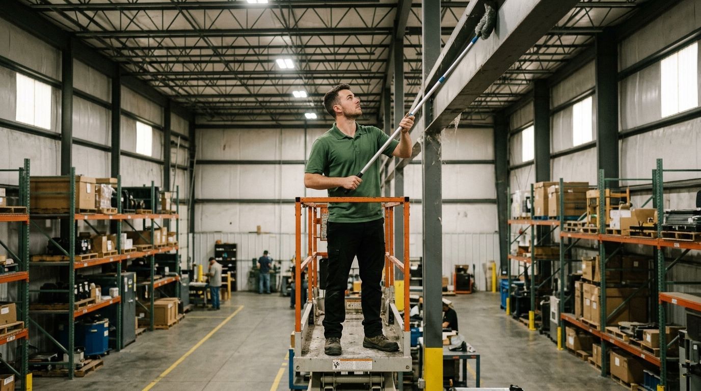 Cleaner dusting high warehouse beams and overhead surfaces with extension tool Maplewood MN