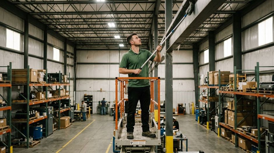 Cleaner dusting high warehouse beams and overhead surfaces with extension tool Maplewood MN