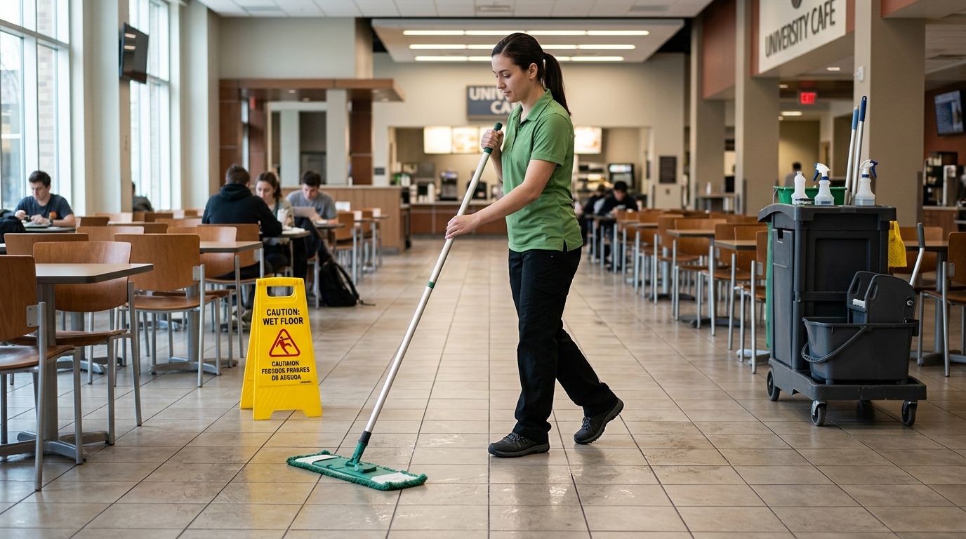 Cleaner mopping and cleaning university cafeteria floors and walkways Maplewood, MN