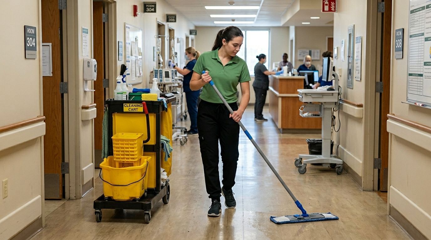 Cleaner mopping and disinfecting hospital hallway floors and walkways Maplewood MN