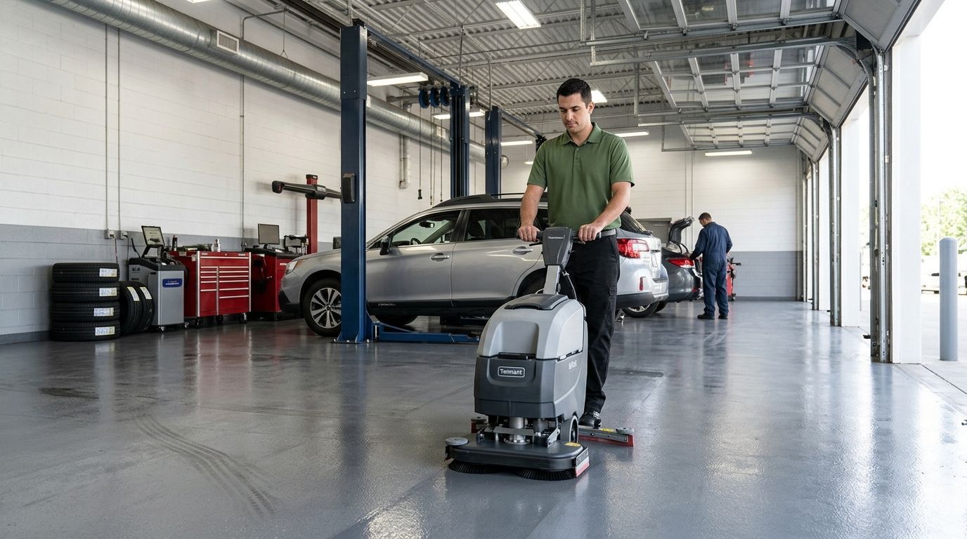 Cleaner operating floor scrubber to deep clean auto service bay concrete floors Maplewood, MN