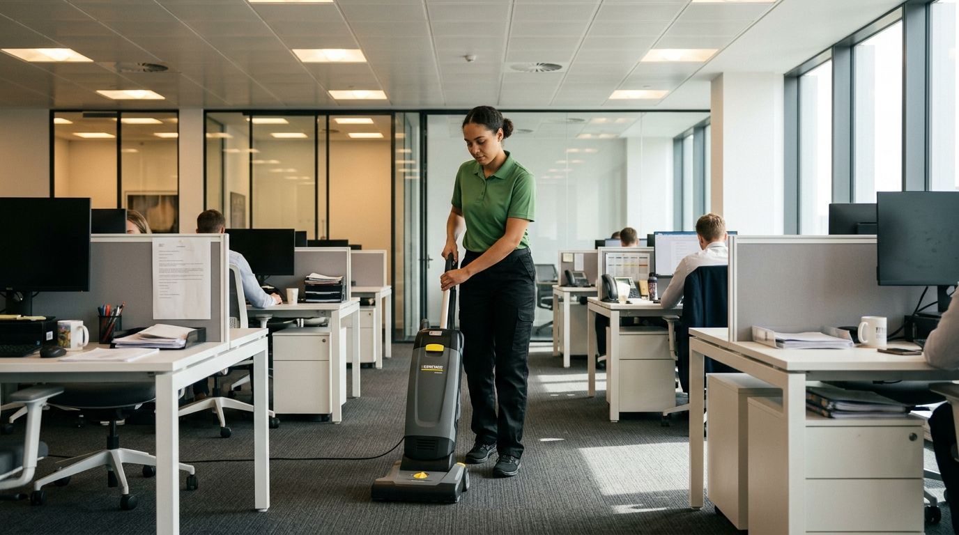 Cleaner vacuuming open office carpet between desks and workstations Maplewood, MN