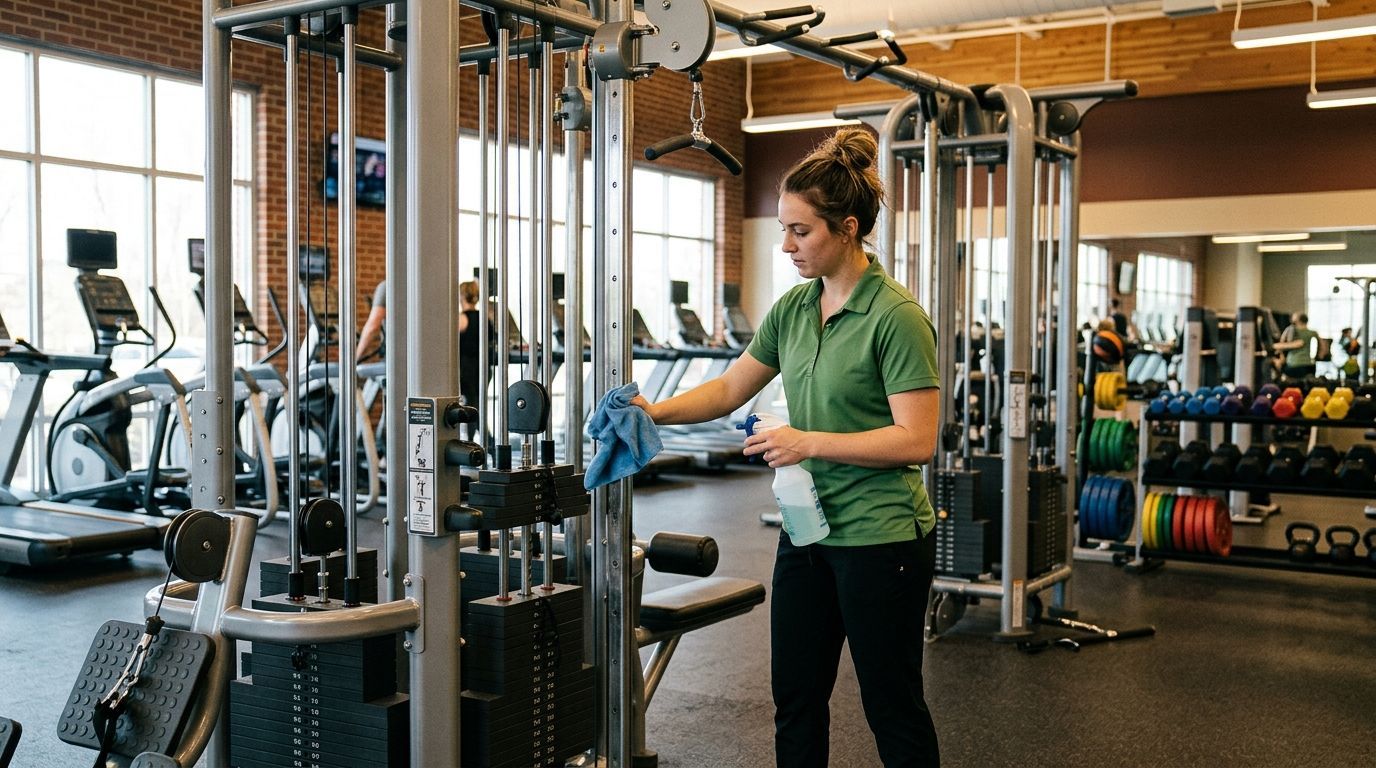 Cleaner wiping and sanitizing fitness equipment surfaces and weight machines Maplewood, MN