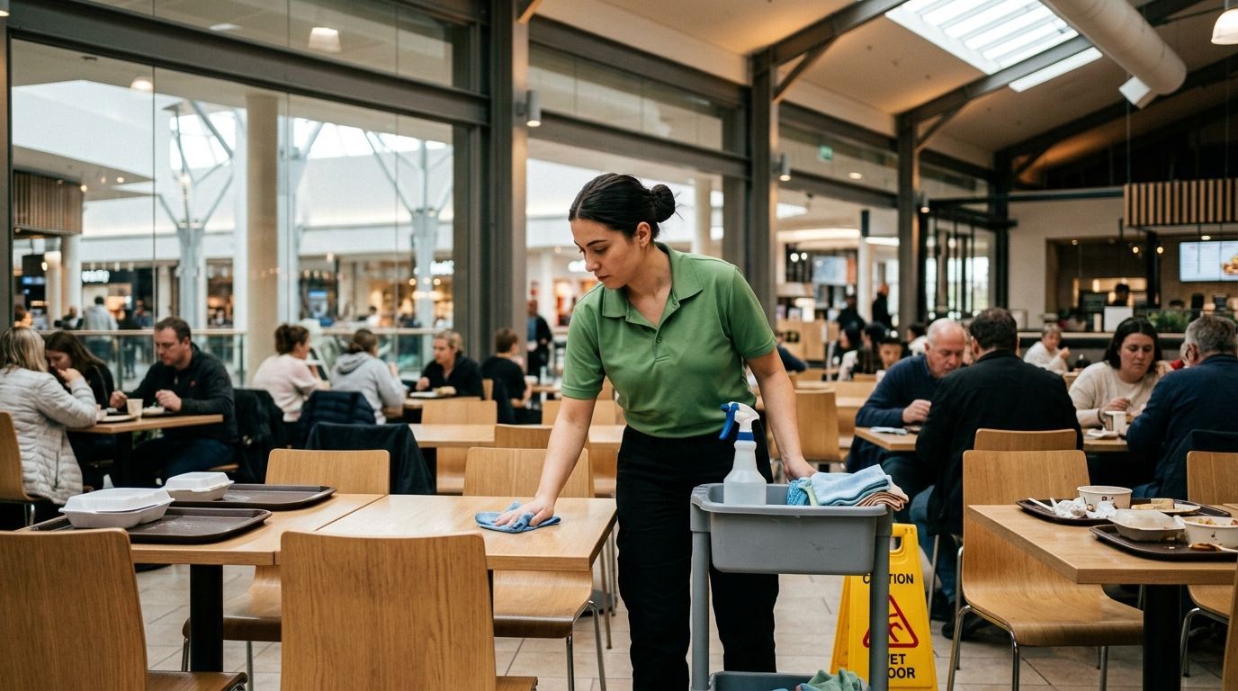 Cleaner wiping and sanitizing food court tables between customers Maplewood, MN