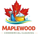 Maplewood commercial cleaning logo with maple leaf and cleaning supplies