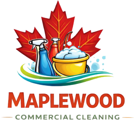 Maplewood commercial cleaning logo with maple leaf and cleaning supplies