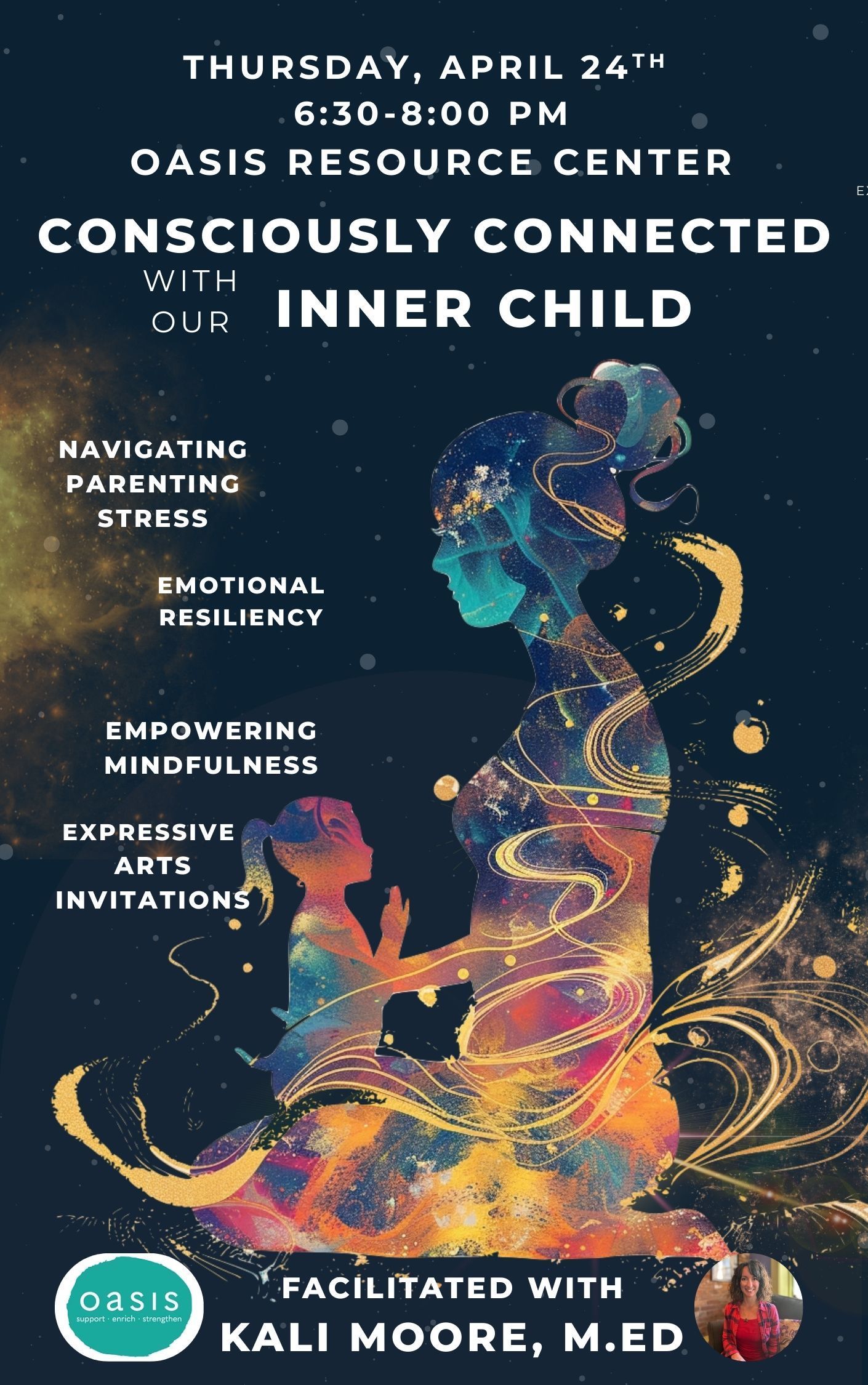 A poster for an event called consciously connected with the inner child