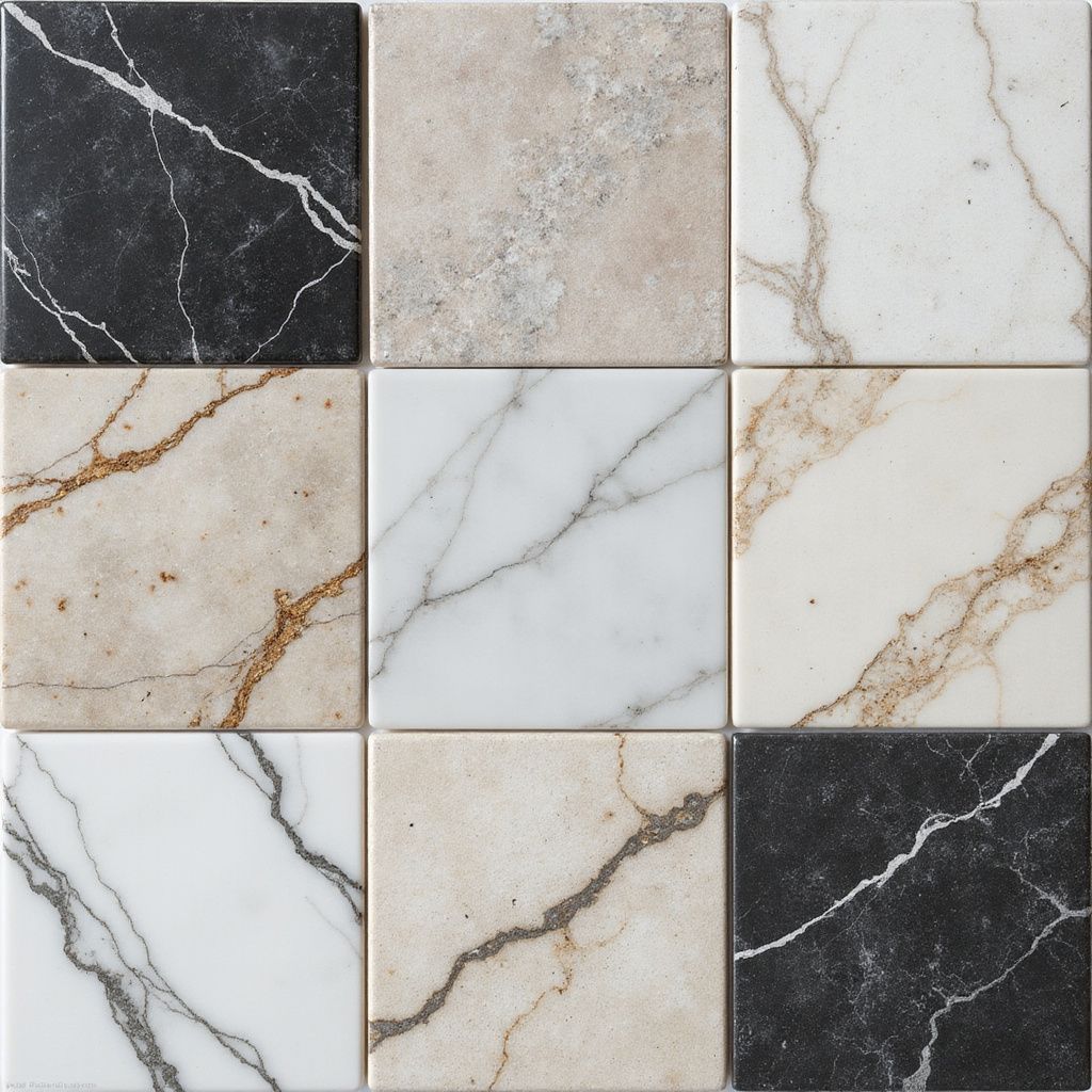 Nine square tiles in various marble and speckled patterns: black, white, and beige.