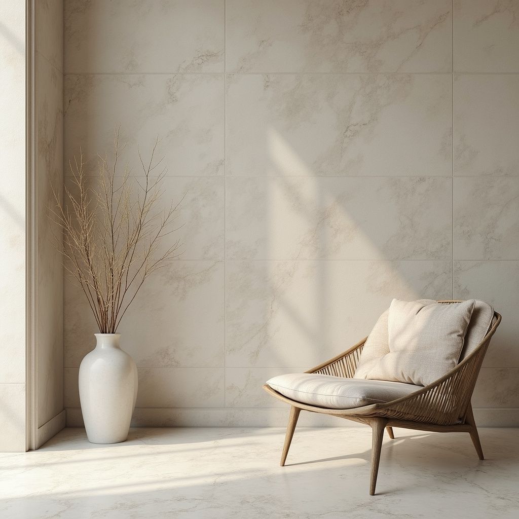 Cozy chair with cushion next to a vase with dried plants, bathed in sunlight, against a light beige marbled wall.