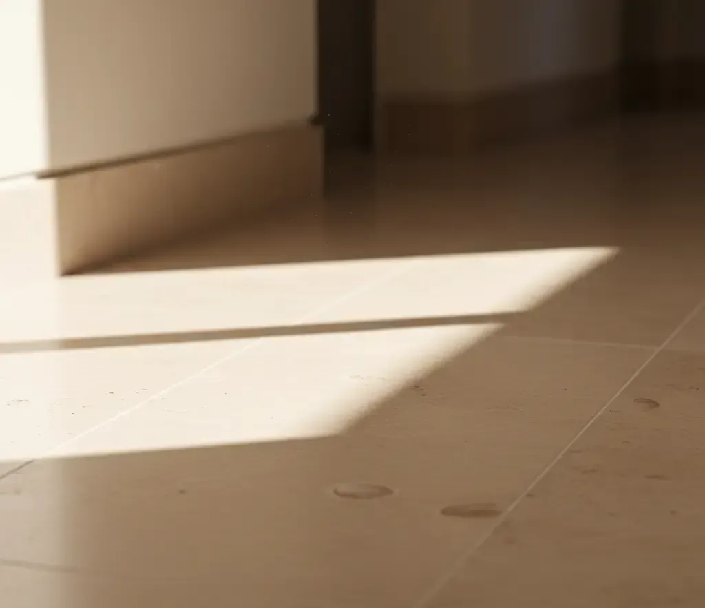 Shadows and sunlight on light-colored tile floor, cast by a cabinet in the corner of a room.