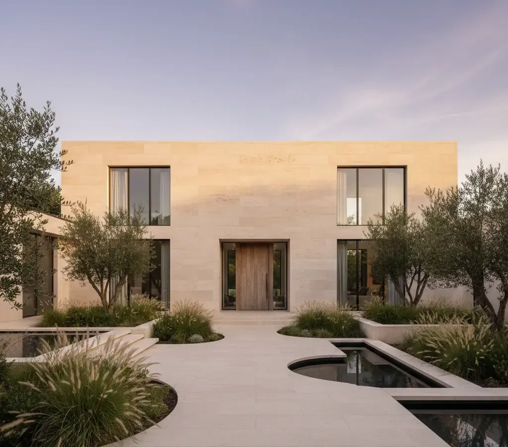 Modern beige home with symmetrical windows and olive trees flanking the entrance, pools of water in foreground.
