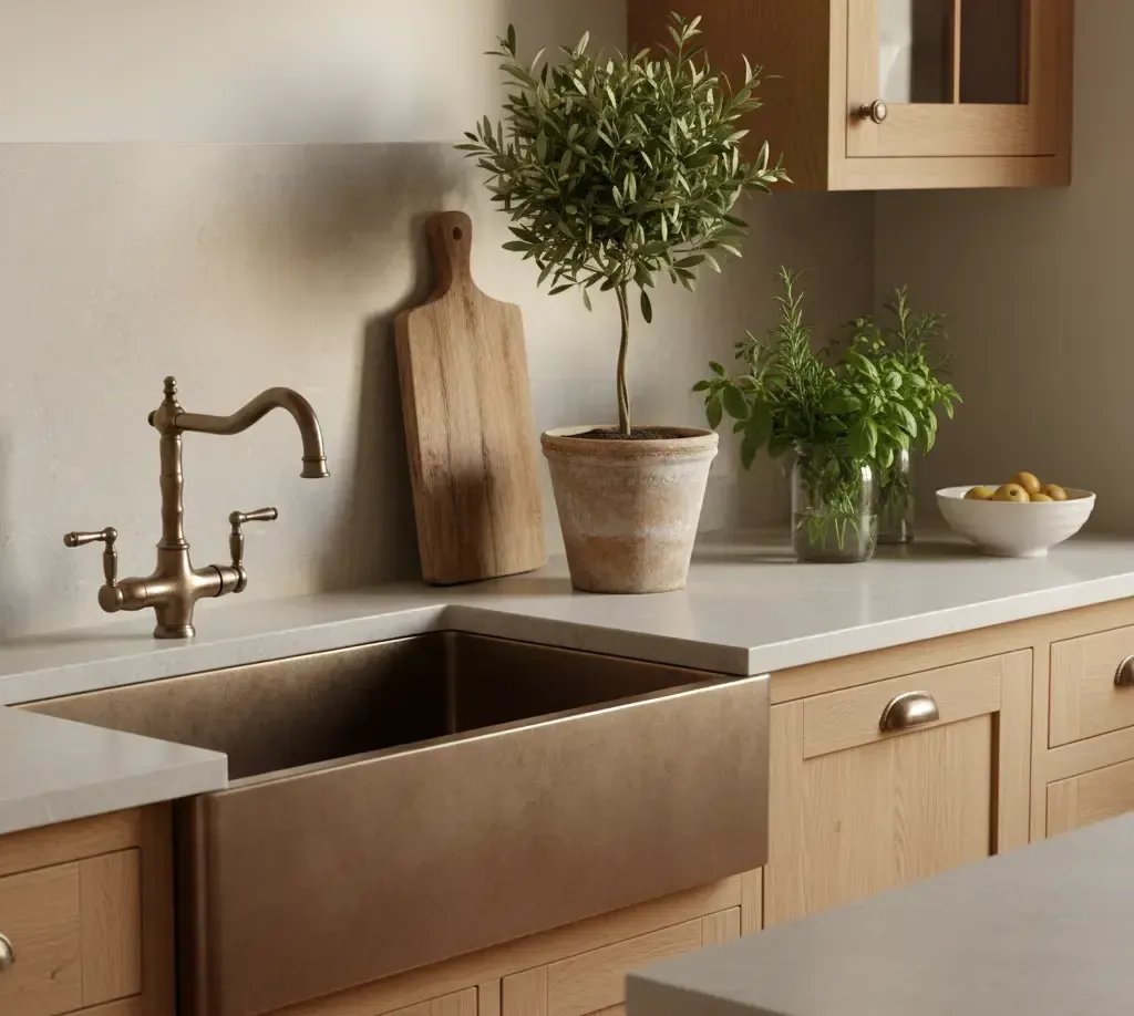 Kitchen sink with bronze faucet, wooden cabinets, countertop, and plant.
