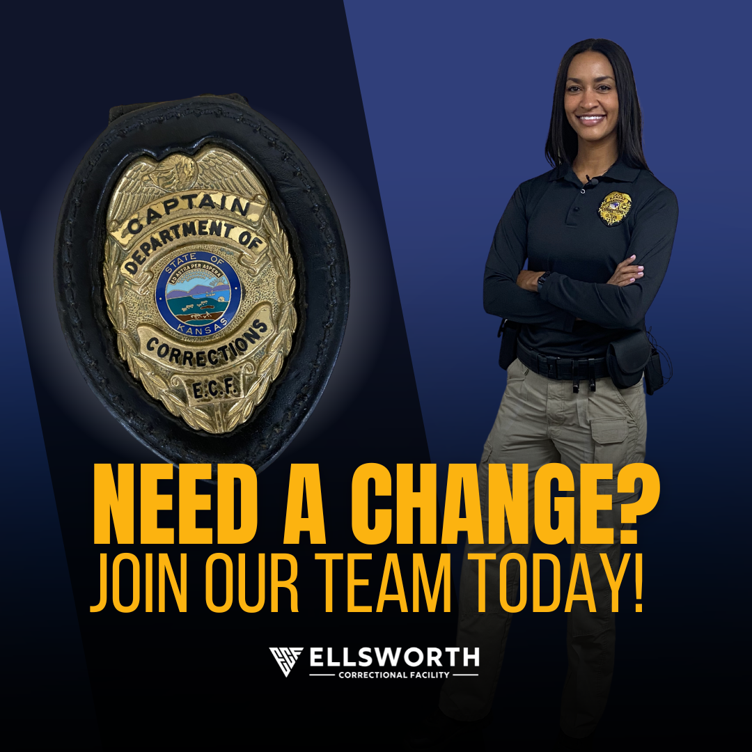 A woman is standing in front of a badge that says `` need a change ? join our team today ! ''