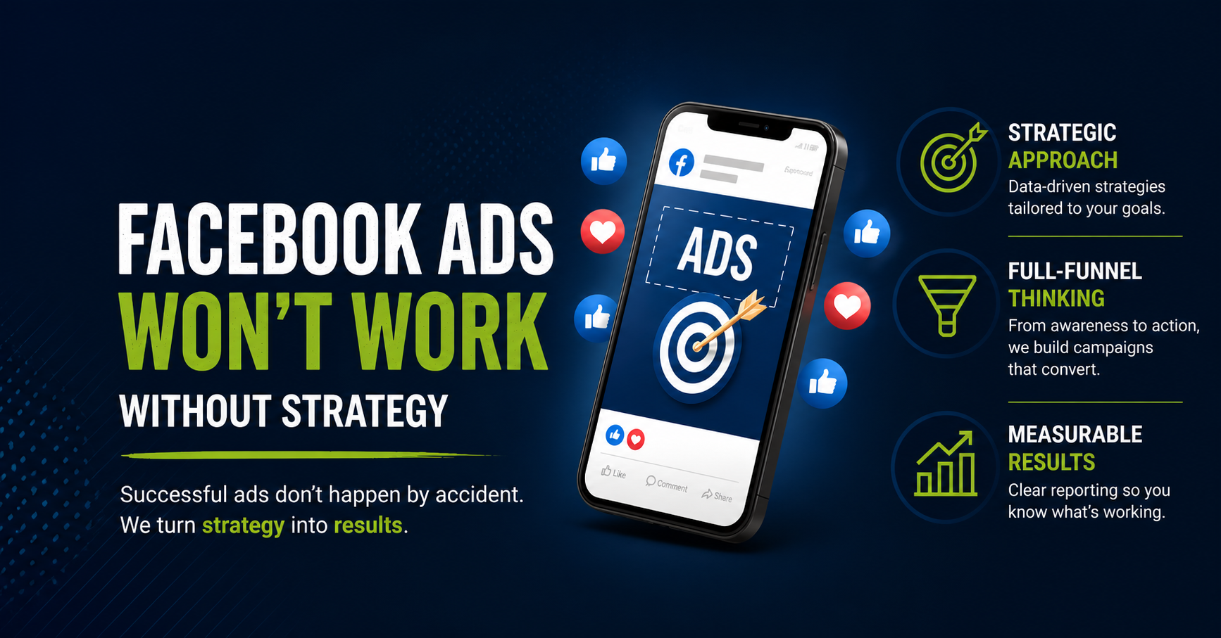 Facebook ads strategy graphic with phone, bullseye, and stats icons on a dark blue background