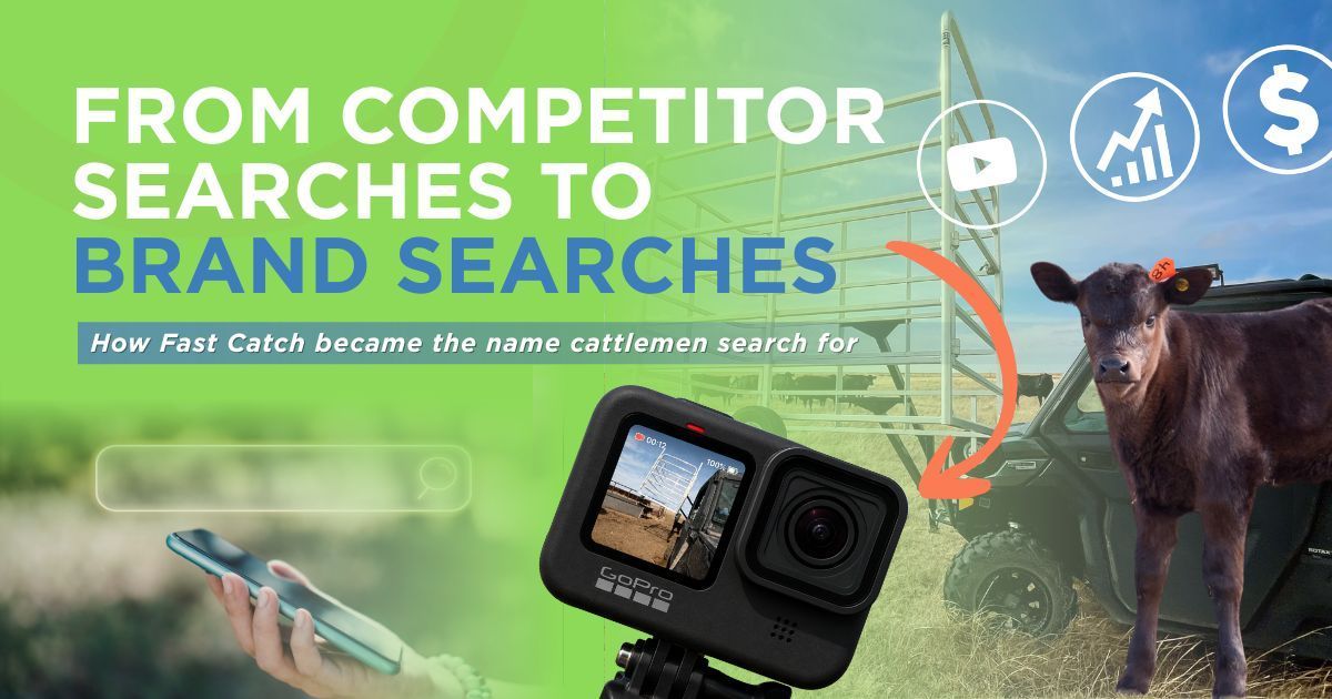 Promotional graphic with a GoPro camera and cow, reading “From competitor searches to brand searches”