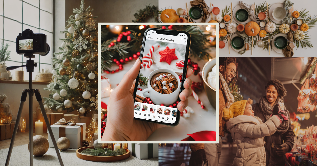 variety of holiday images, camera set up in front of tree, mother father child, hand holding cell phone taking pic of holiday table