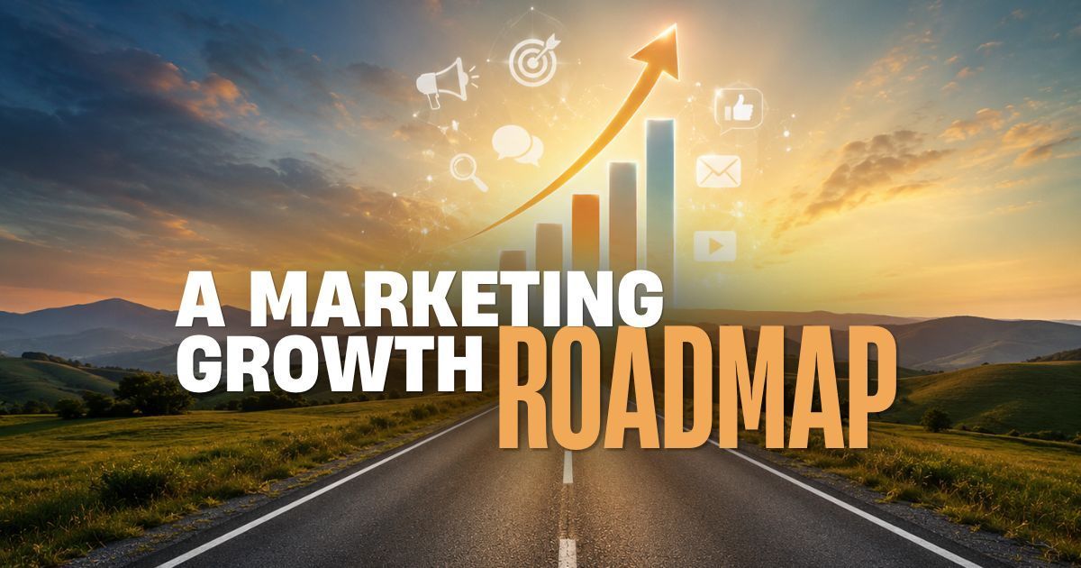 Marketing growth roadmap over a road at sunrise, with rising bars and an upward arrow.