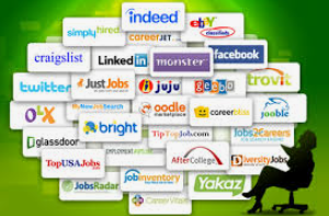 A person is sitting in a chair in front of a bunch of job board logos including indeed