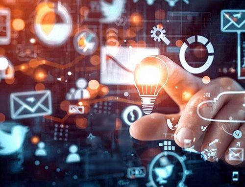 white icons for web analytics, dashboards, seo, social media in varying shades of transparency on a dark background