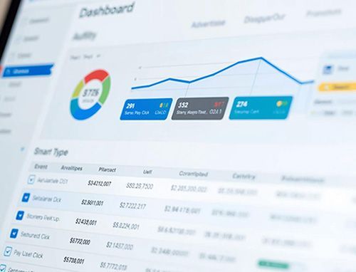 computer screen showing multi-colored pie and blue line graph with lines of text