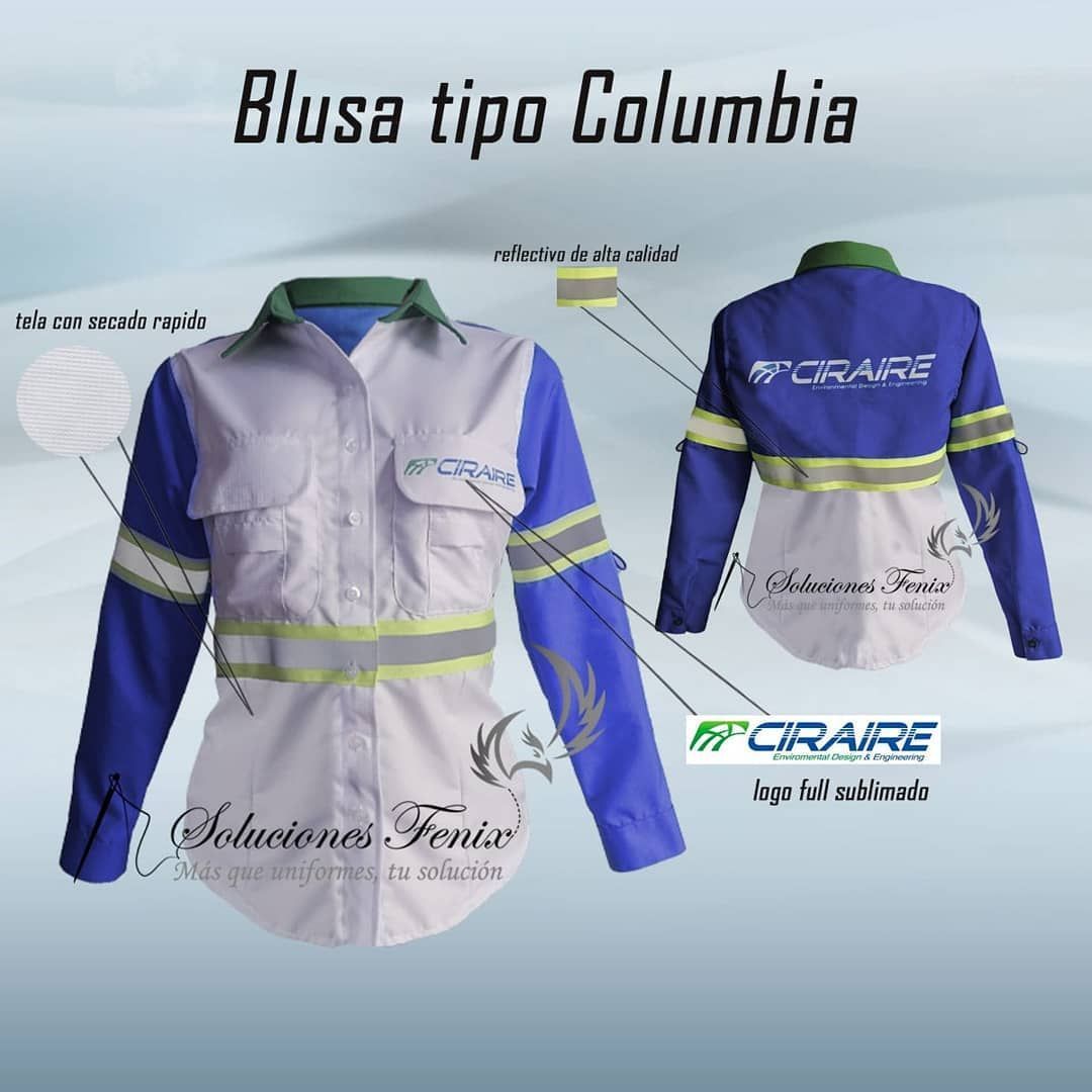 Blusa deportiva tipo Columbia en gris y azul, con vista frontal y posterior sobre fondo claro.