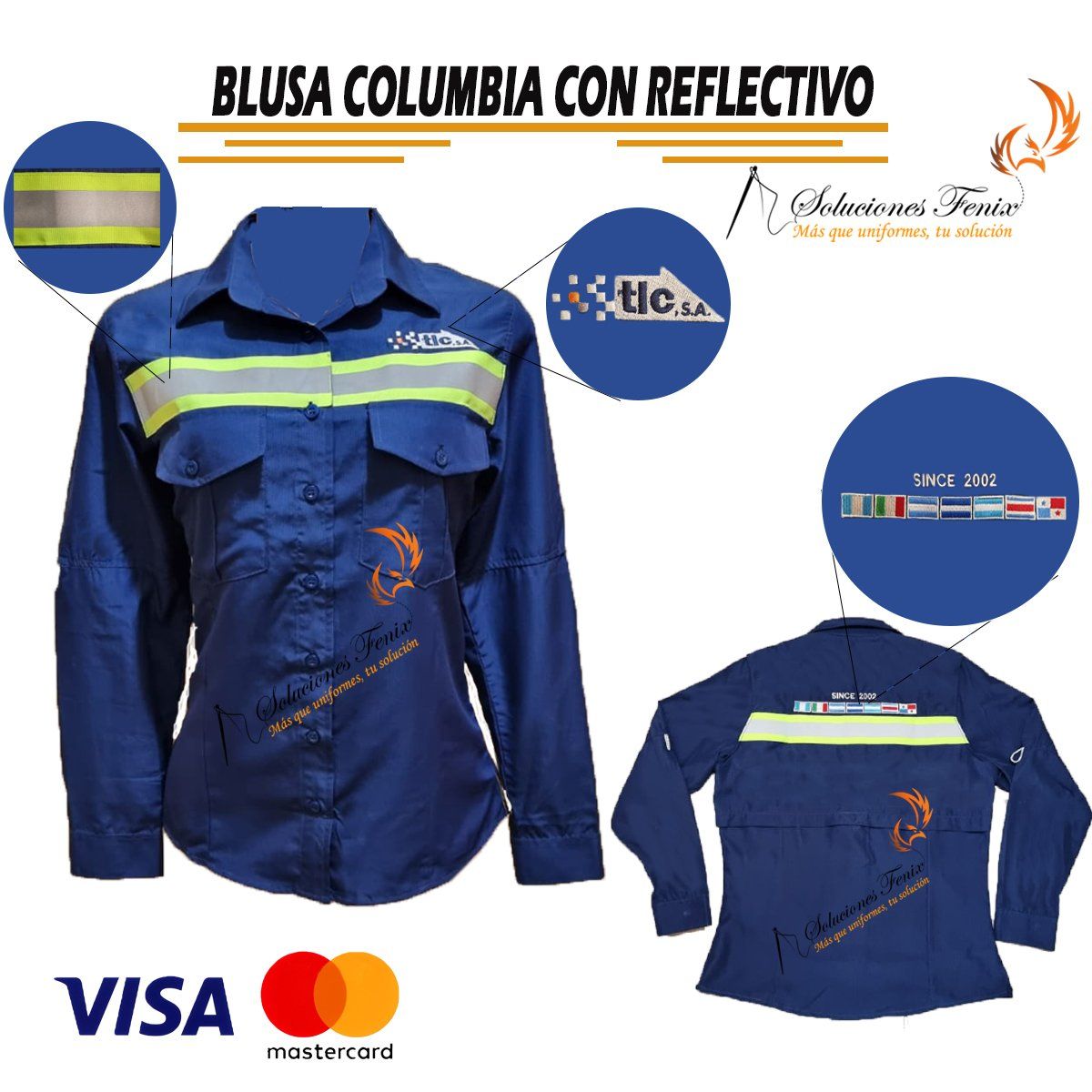 Camisa de trabajo azul reflectante estilo Columbia con vistas frontal, trasera y de detalle sobre fondo blanco.