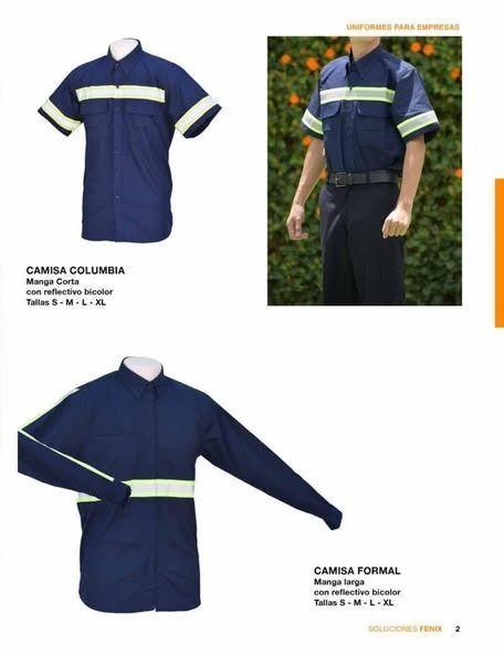 Dos modelos de camisas de trabajo industriales de color azul oscuro con cinta reflectante, mostradas en un maniquí y en una persona, con detalles de las tallas.