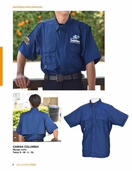 Tres vistas de una camisa de uniforme Columbia azul marino de manga corta con bolsillos en el pecho y solapa de ventilación en la espalda.