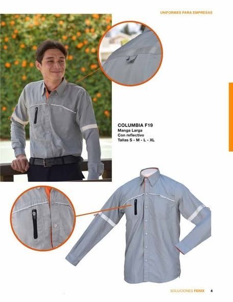 Una camisa de trabajo gris de manga larga con tiras reflectantes, mostrada en una persona y como producto independiente.