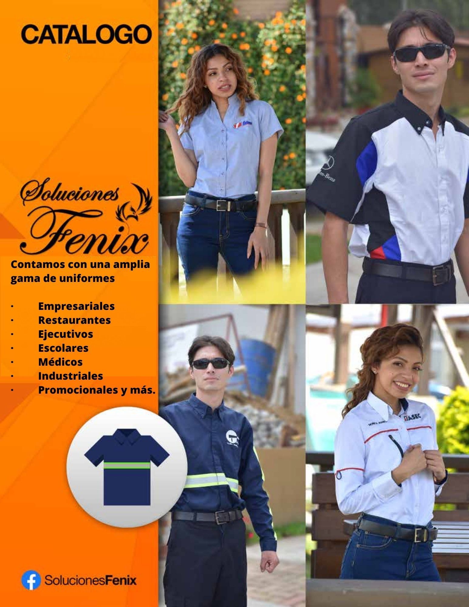 Portada del catálogo de Soluciones Fenix ​​con cuatro personas vestidas con uniformes de trabajo azul marino 