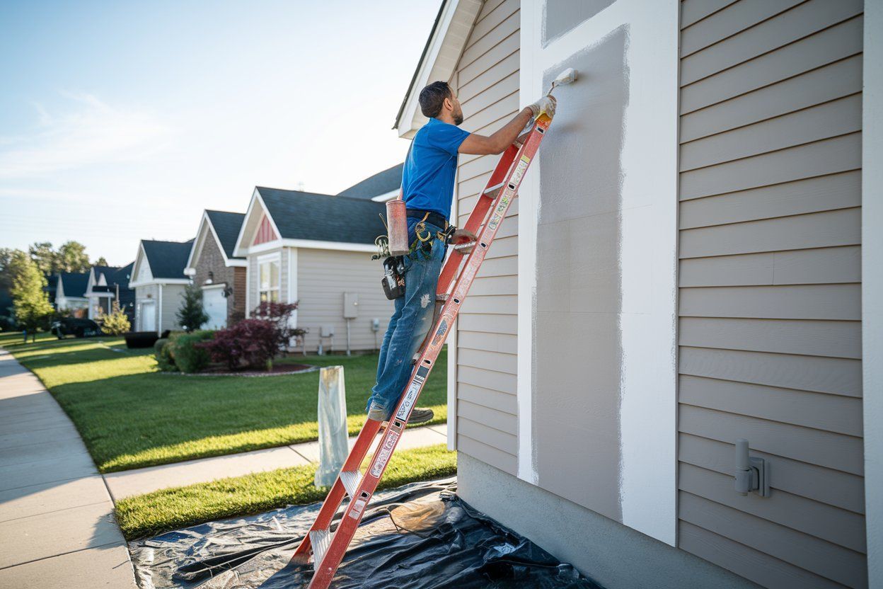 A man is standing on a ladder painting the side of a house.