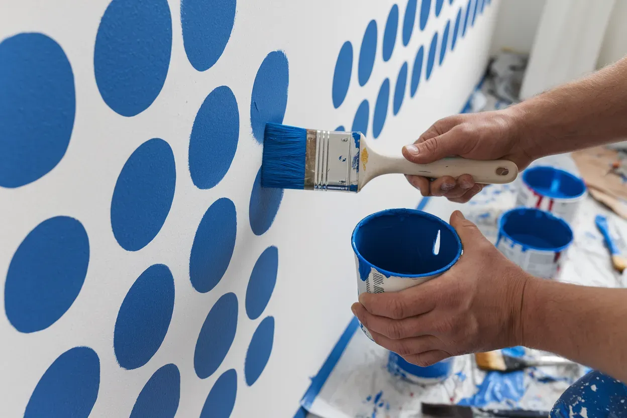 Person painting blue polka dots on a white wall with a paintbrush and a can of blue paint.