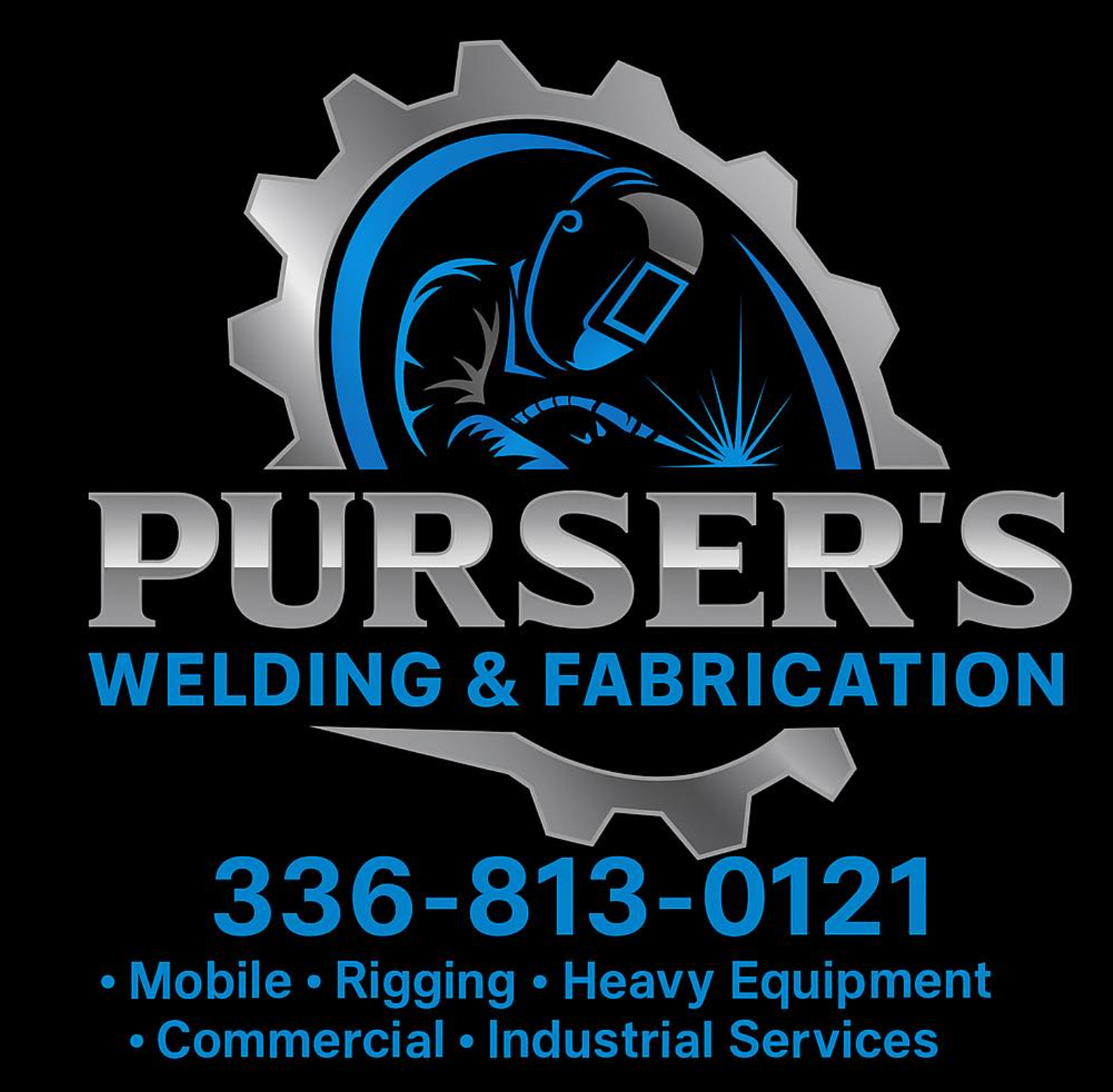 Logo for Purser's Welding & Fabrication: welder icon in a gear, blue and silver, with phone number and services listed.