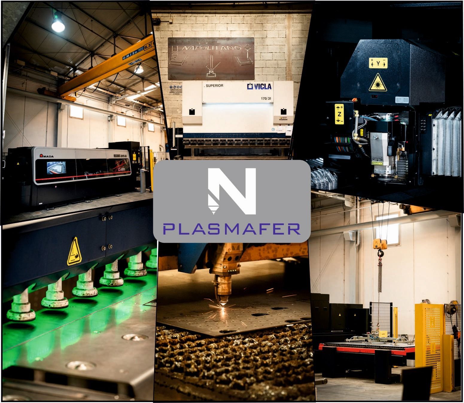 Logo di Plasmafer circondato da immagini di macchinari industriali in un ambiente di fabbrica.