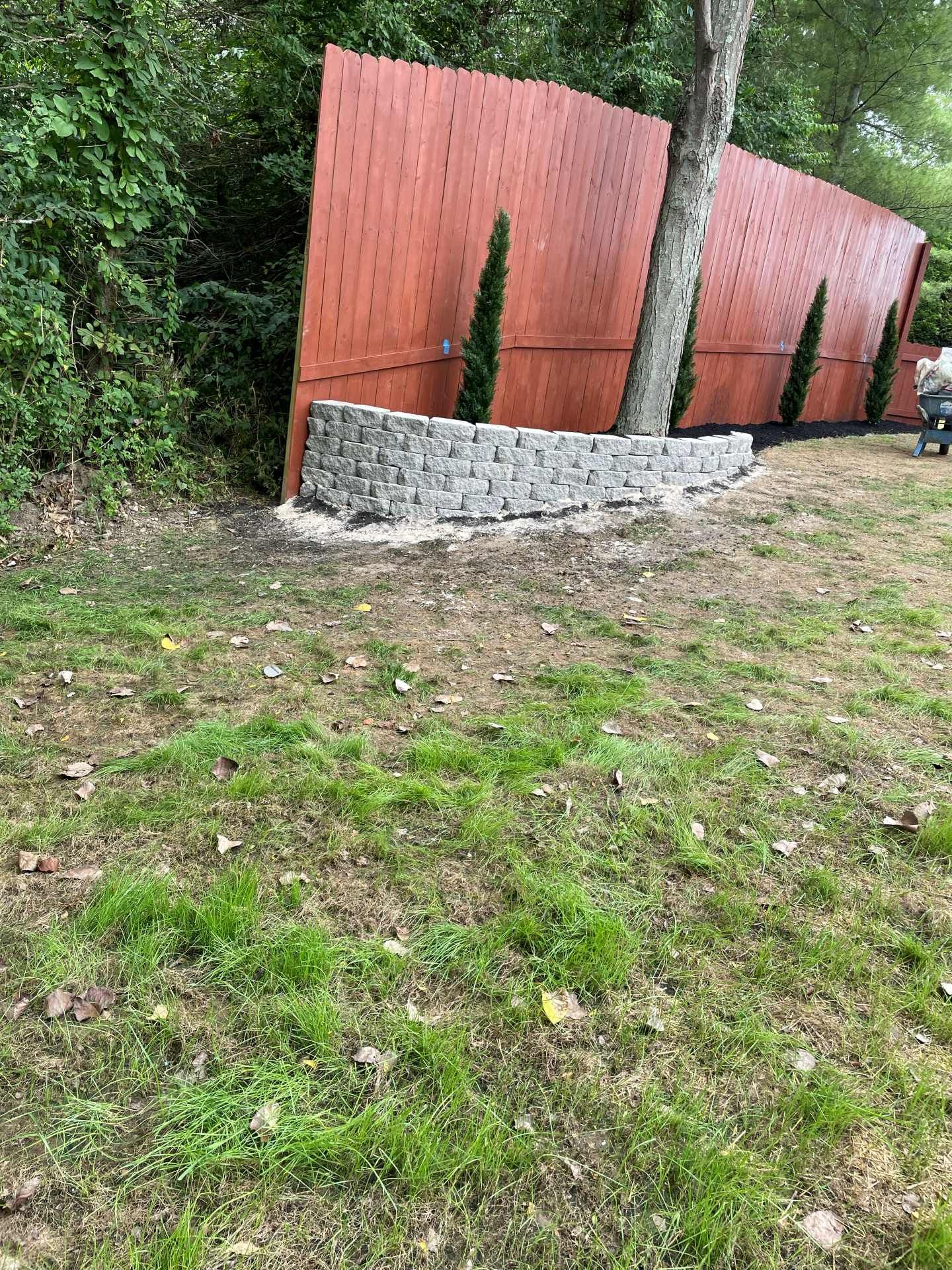 Grassy yard with a red fence, stone border, and trees along the edge of a wooded area