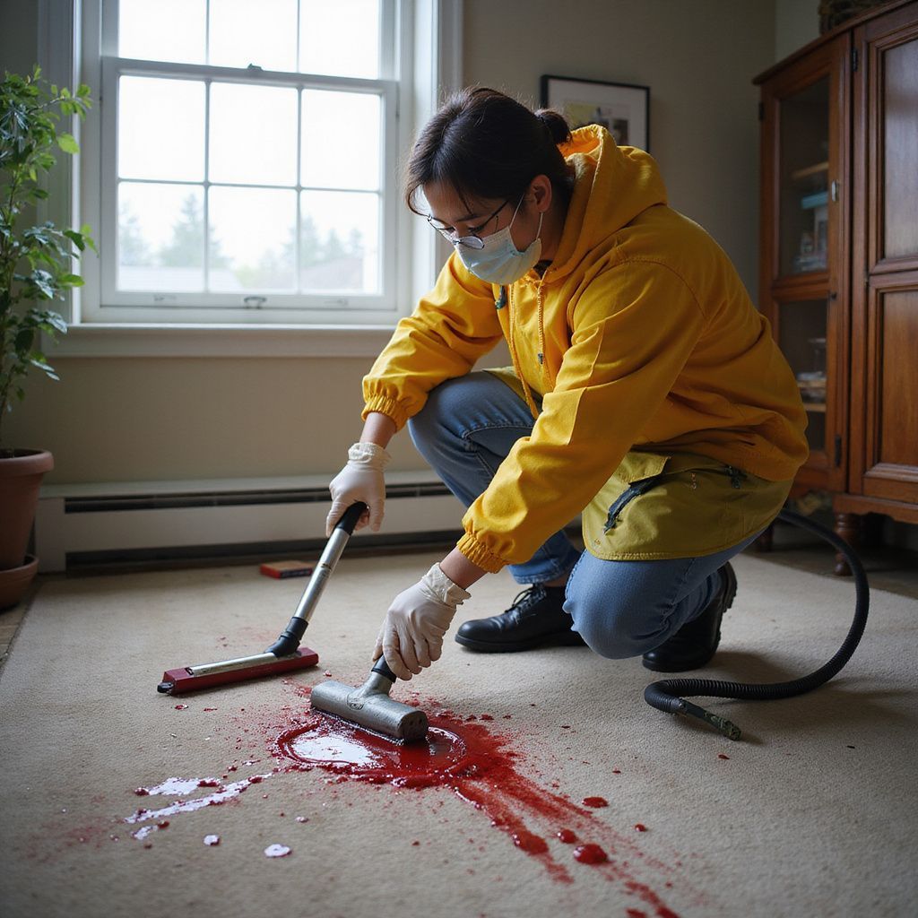 Person in yellow suit and mask cleaning blood on carpet with a vacuum in a room with a window.