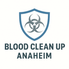 Blood Clean Up Anaheim logo. Shield with biohazard symbol above text.