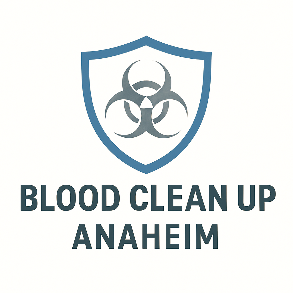 Blood Clean Up Anaheim logo. Shield with biohazard symbol above text.