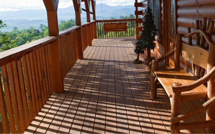 A photo of a deck built on a log cabin near the Verdugo Mountains around Glendale, California. The deck is a slightly dark brown and orange color.