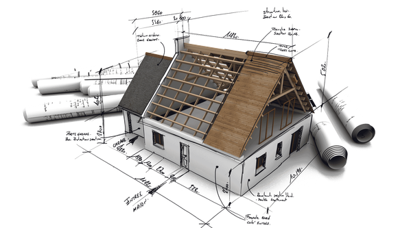 A blueprint of a house under construction with a wooden roof.