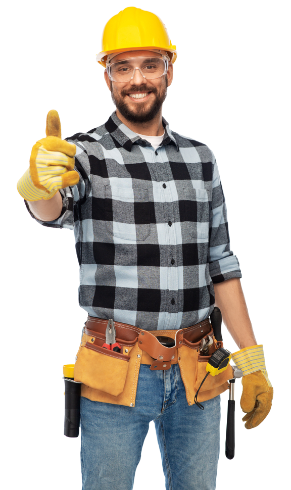 A man wearing a hard hat and gloves is giving a thumbs up.