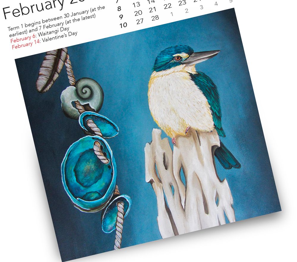 A colorful bird perched on weathered wood, next to a string of blue and green shells.