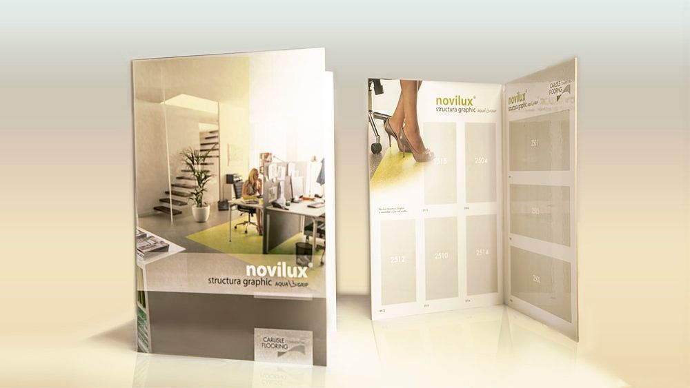 Tri-fold brochure, interior design theme, featuring an office space and shoe.