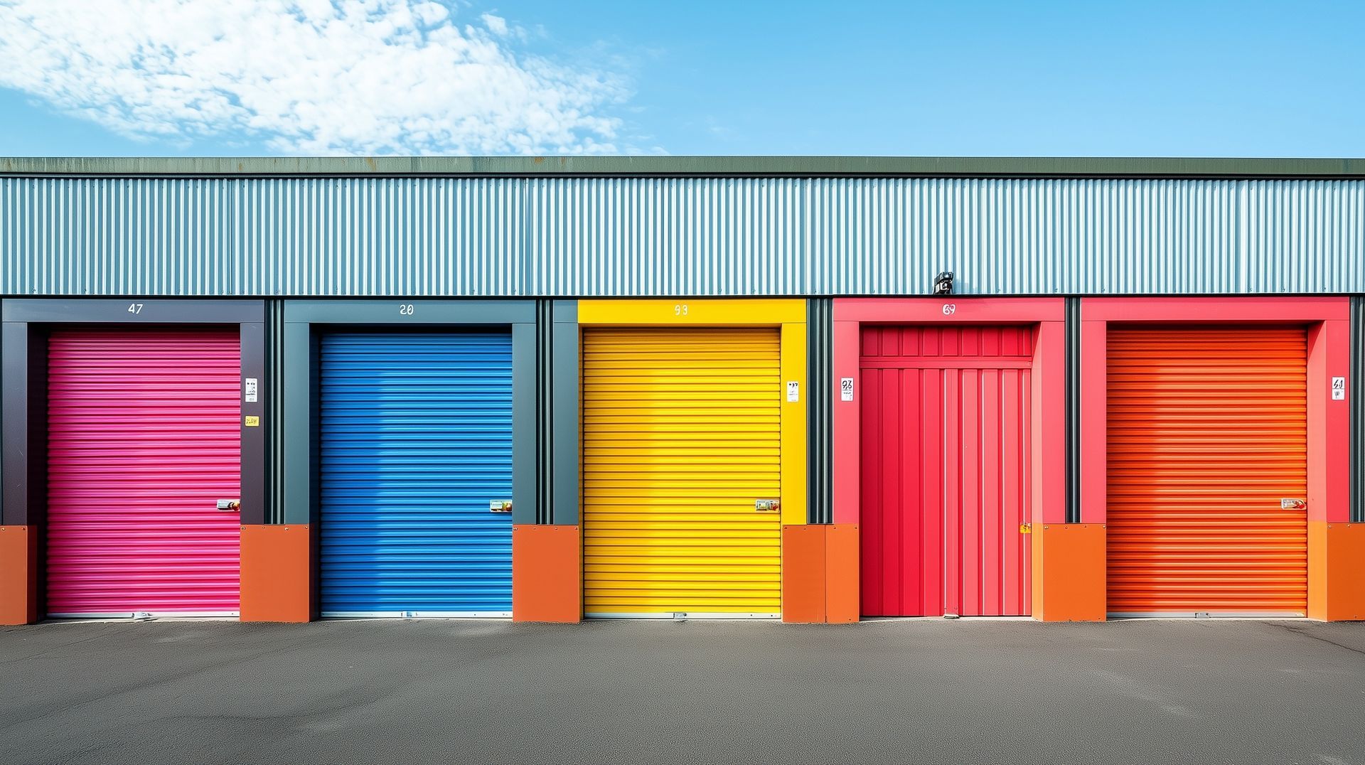 A line of colorful storage doors is under the sun.