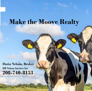 Two cows in a field with text: Make the Moove Realty