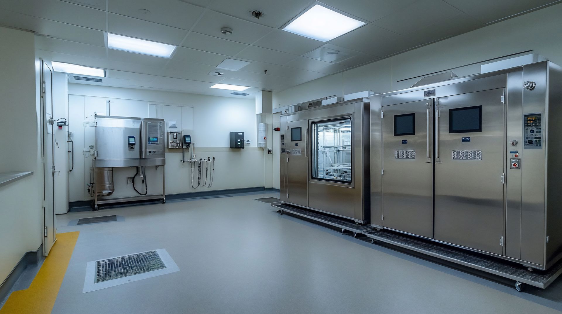 Laboratory room with stainless steel equipment. Beige walls, gray flooring, overhead lighting.