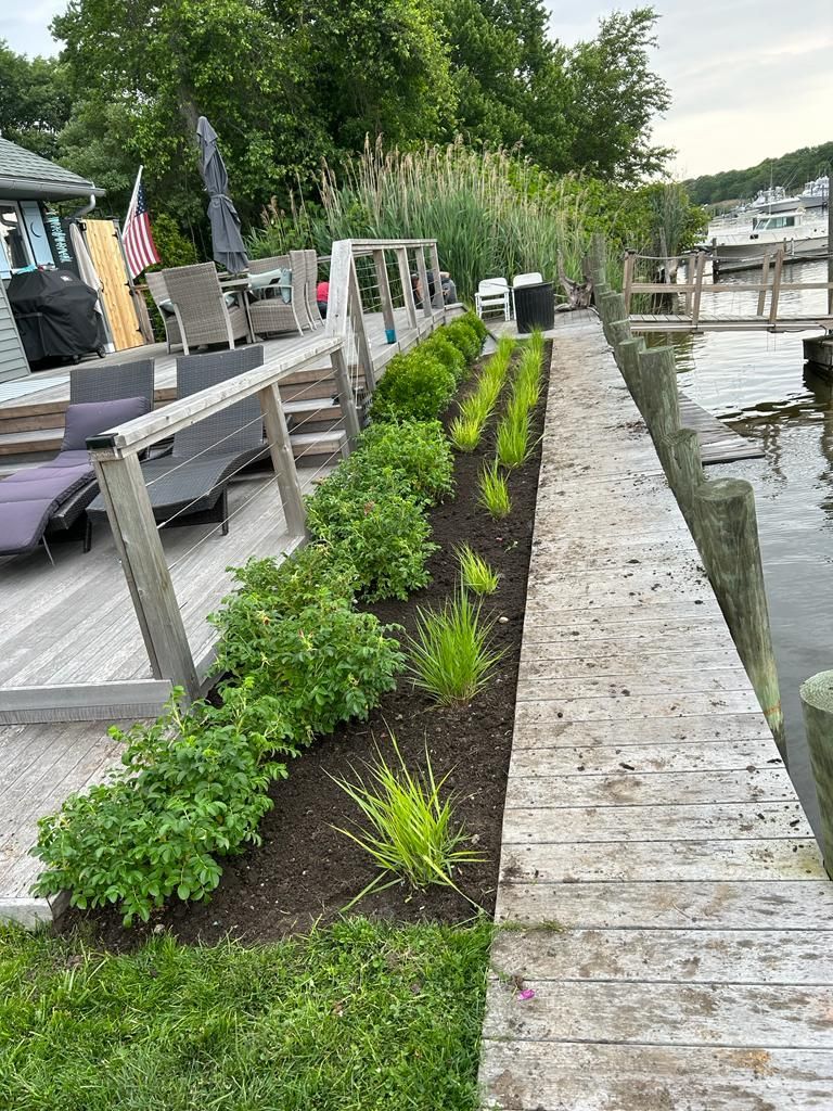 Narrow dockside flower bed with small green shrubs beside a wooden deck and waterfront railing.