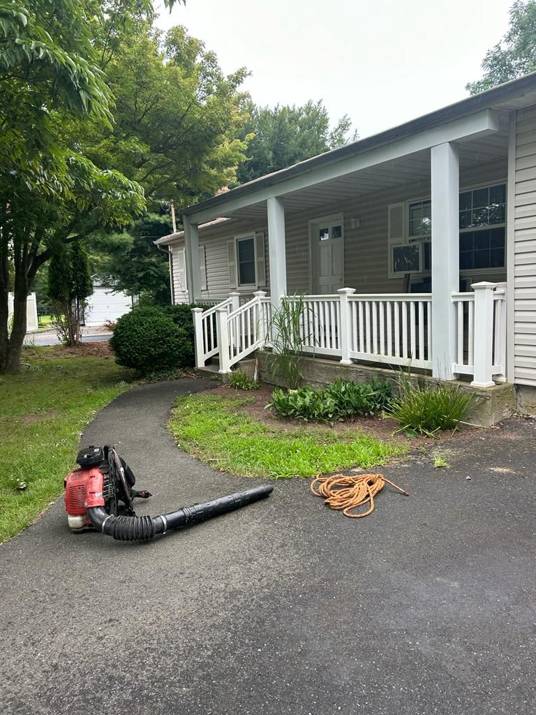 Leaf blower on driveway beside a house porch and white railing, with green trees and lawn nearby.