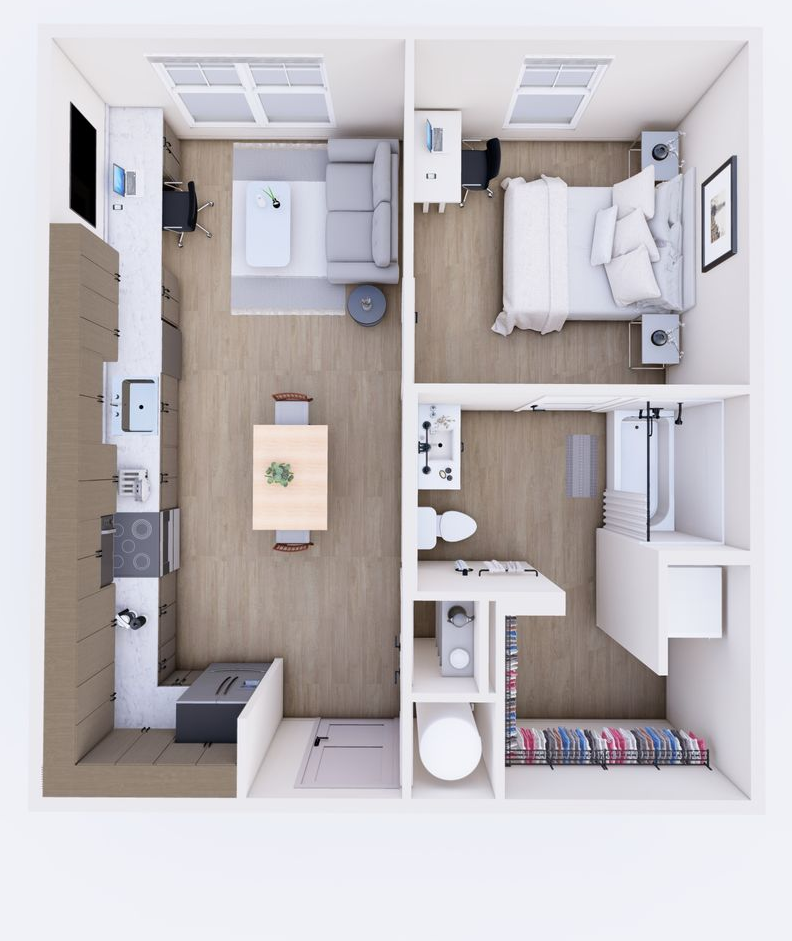 Floor plan of a small apartment: kitchen, living area, bedroom, and bathroom.