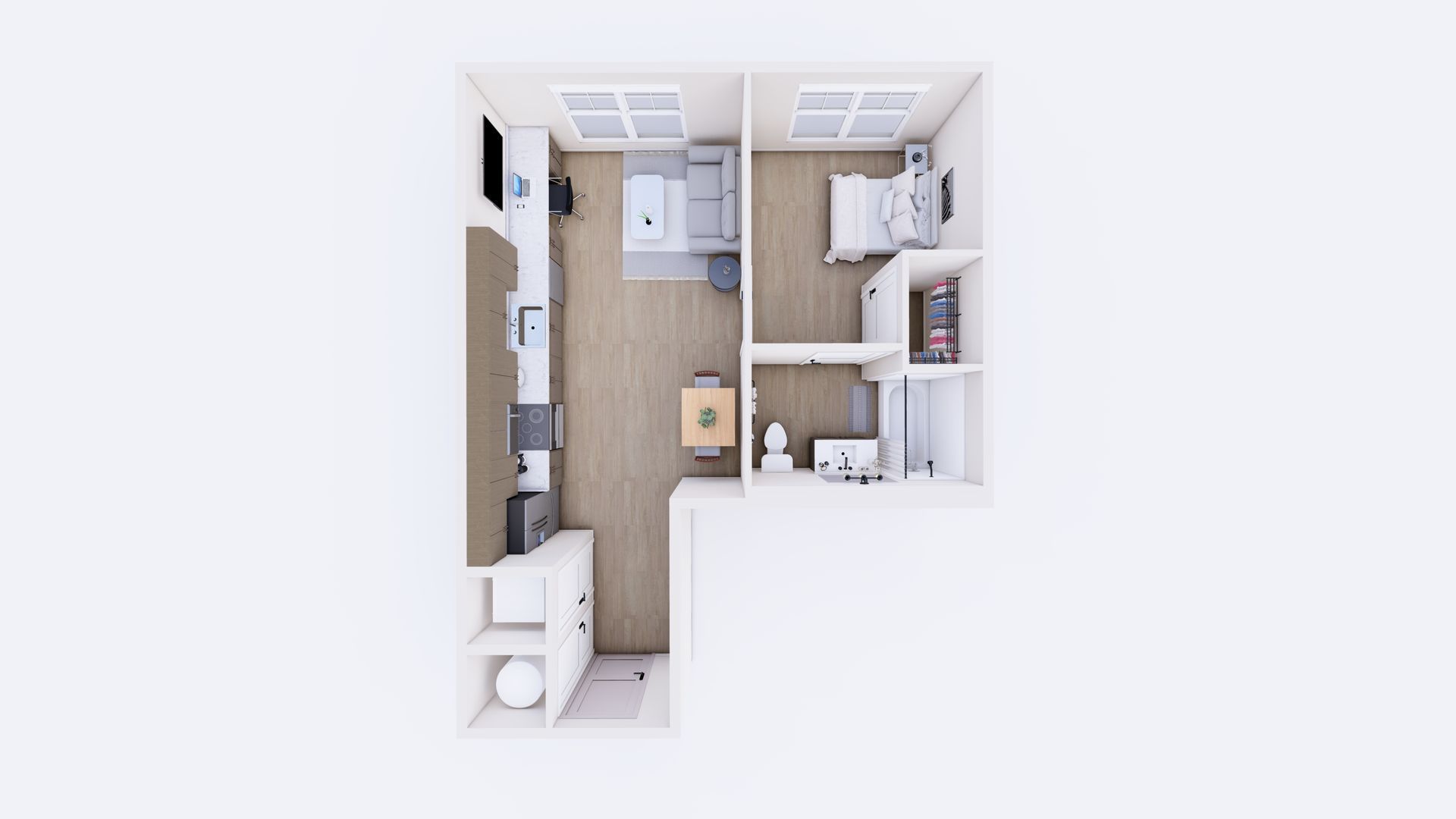 Overhead view of a small apartment floor plan; includes kitchen, bathroom, living area with desk, and bedroom with bed.